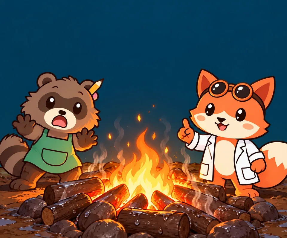 The campfire dries wet logs. The nearest dry logs glow. Pon looks shocked. Kon holds up one finger.