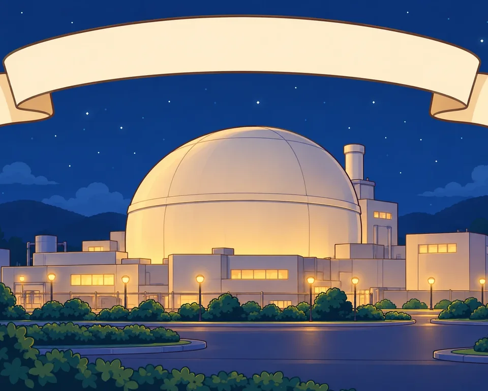 A generic reactor dome glows under the night sky with a broad blank news ribbon above it.