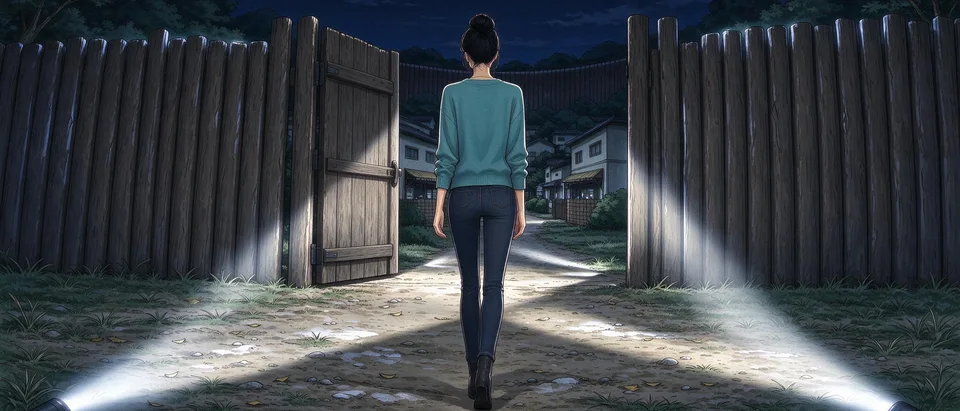 Ivy walks toward the open gate beside the tall fence that encloses the town.