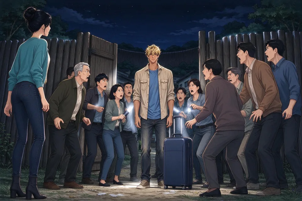 Beyond the open gate, neighbors hold flashlights around a tall, tan-skinned man with dirty-blond mop-top hair and a large suitcase. Ivy has stopped at the edge of the gathering.