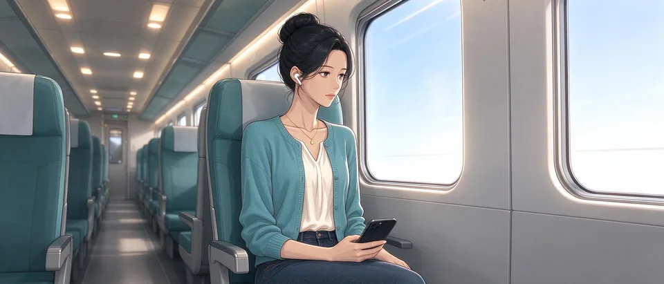 Ivy sits on the train with an earphone in, lowering her phone after ending a call.
